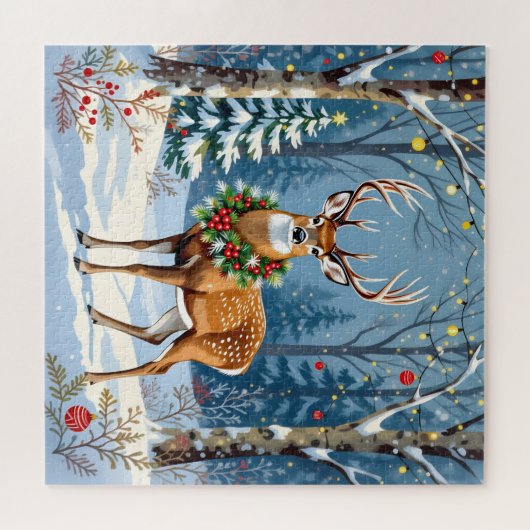 Puzzle Cerf de Noël en forêt d'hiver festive (Horizontal)