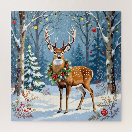 Puzzle Cerf de Noël en forêt d'hiver festive (Vertical)