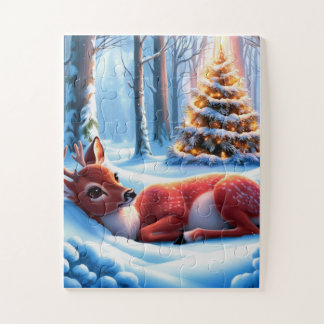 Puzzle Cerf douillet niché dans un arbre de Noël en forêt