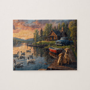 Puzzle Chalet au bord du lac au coucher du soleil Chiens 