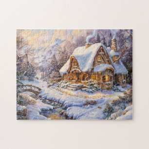 Puzzle Chalet de montagne enneigé au bord d'un ruisseau