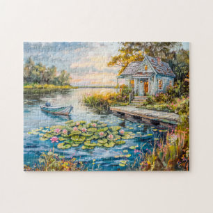 Puzzle Chalet de pêche au bord du lac avec nénuphars