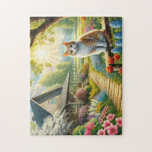 Puzzle Chalet de printemps/jardin & chat (Vertical)
