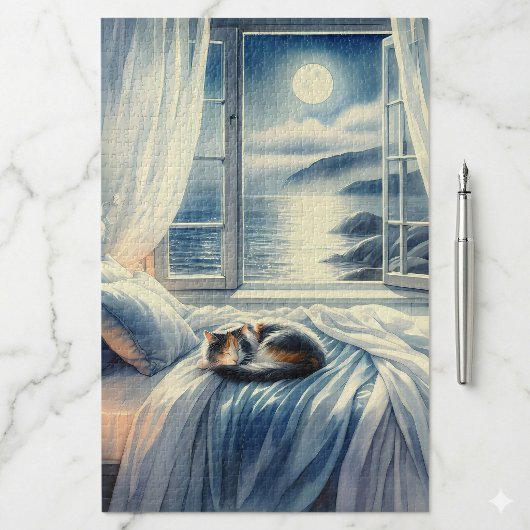 Puzzle Chambre Côtière au Clair de Lune avec Chat Endormi