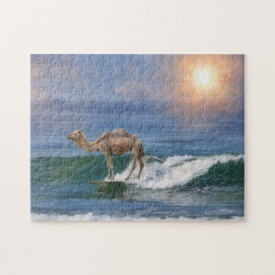 Puzzle Chameau drôle de surf sur la vague de l'océan puzz