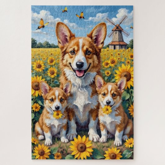 Puzzle Champ d'art de tournesol Corgi (Vertical)