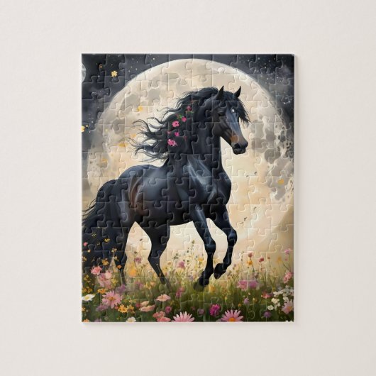 Puzzle Champ de fleur de lune de cheval noir, (Vertical)