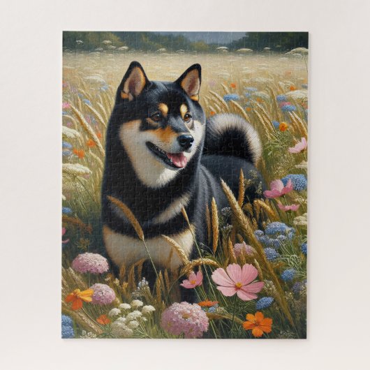 Puzzle Champ de Fleurs sauvages de chiens de Shiba Inu Bl (Vertical)