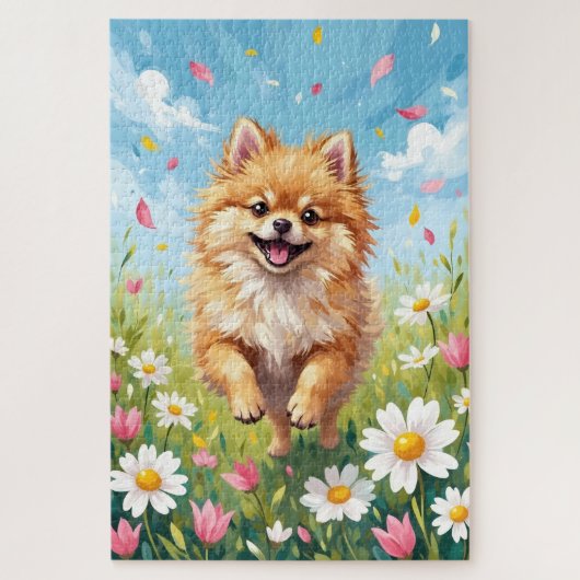 Puzzle Champ de pâquerettes printanier mignon Pomeranian (Vertical)