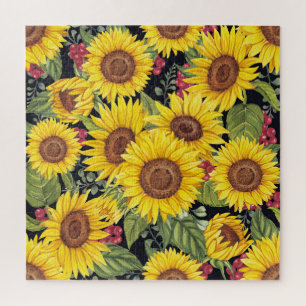 Puzzle Champ de tournesol : aquarelle noir arrière - plan