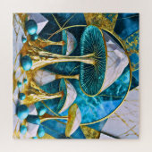 Puzzle Champignons en marbre sarcelle bleu or blanc surré (Horizontal)