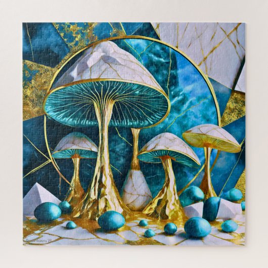 Puzzle Champignons en marbre sarcelle bleu or blanc surré (Vertical)