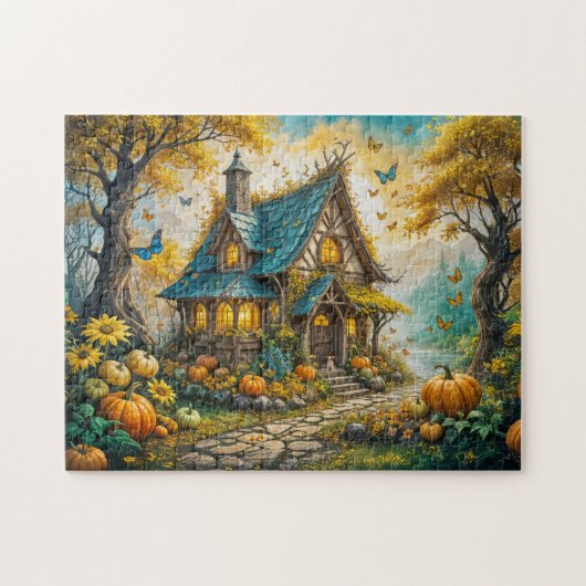 Puzzle Charmant Cottage d'Automne avec des Citrouilles (Horizontal)