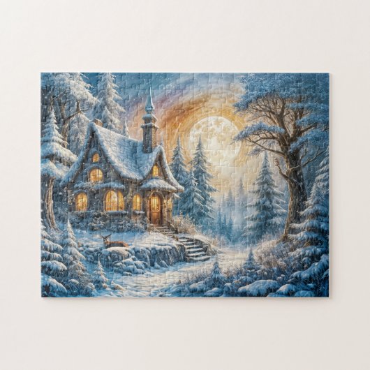 Puzzle Charmant Cottage d'Hiver au Clair de Lune (Horizontal)