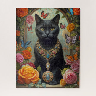 Puzzle Chat à cheveux noirs avec bijoux et papillon