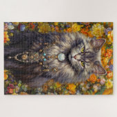 Puzzle Chat à poil long gris en fleurs (Horizontal)