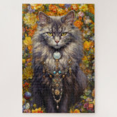 Puzzle Chat à poil long gris en fleurs (Vertical)