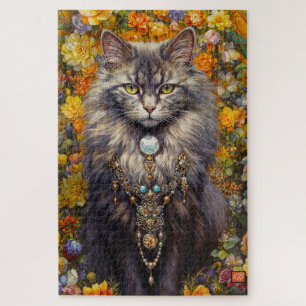 Puzzle Chat à poil long gris en fleurs