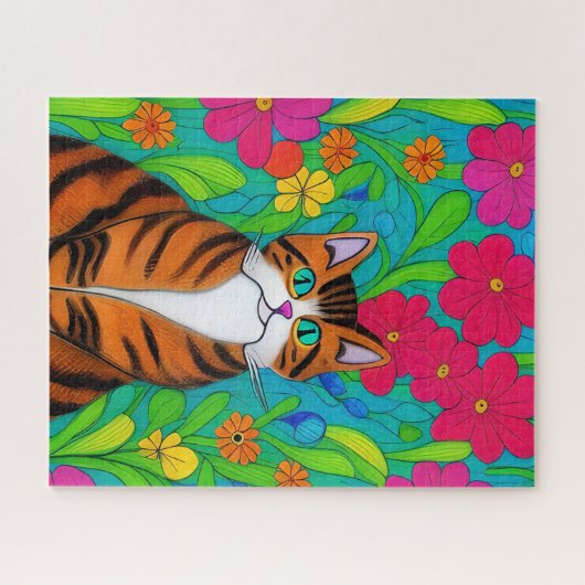 Puzzle Chat à rayures orangées Whimsical avec fleurs rose (Horizontal)