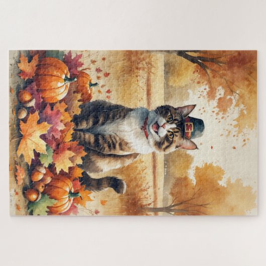 Puzzle Chat abyssin à l'automne quitte Thanksgiving Art (Horizontal)