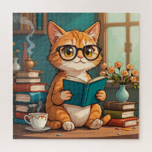 Puzzle Chat adorable portant des lunettes lisant un livre