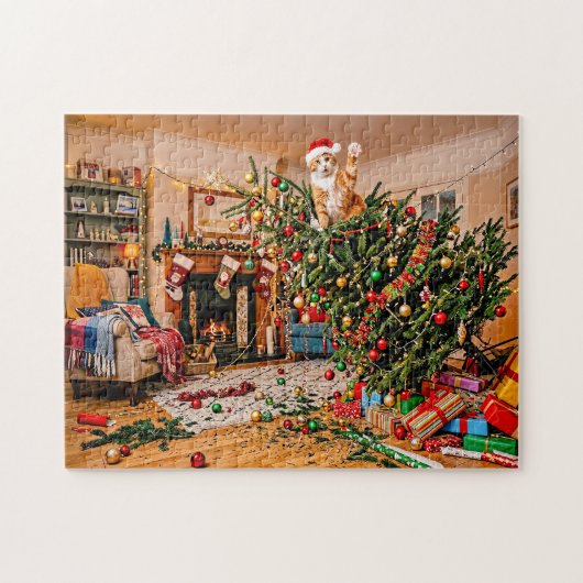 Puzzle Chat agitant la main depuis l'arbre de Noël (Horizontal)