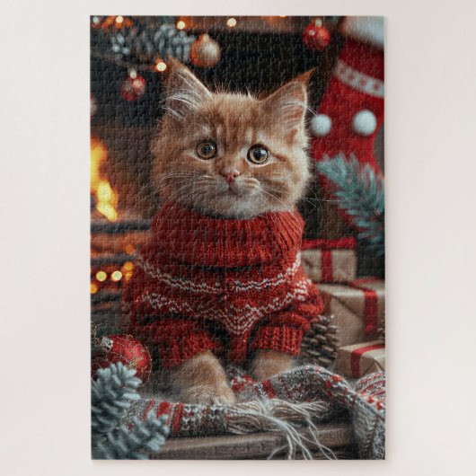 Puzzle Chat Angora Turc avec cheminée de cadeaux de Noël (Vertical)