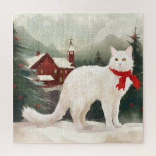 Puzzle Chat Angora turc en Noël de neige