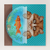 Puzzle Chat avec Goldfish Bowl Funny Hungry Grinning Kitt (Horizontal)