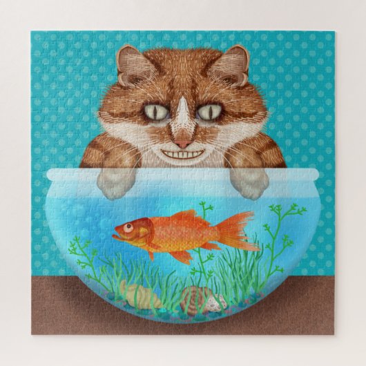 Puzzle Chat avec Goldfish Bowl Funny Hungry Grinning Kitt (Vertical)