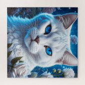 Puzzle Chat blanc aux yeux bleu clair Floral (Horizontal)