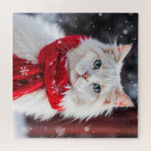 Puzzle Chat blanc avec Écharpe rouge d'hiver (Horizontal)