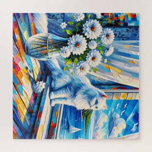 Puzzle Chat blanc dans le rebord de fenêtre Vue sur l'océ (Horizontal)