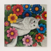 Puzzle Chat Blanc Fluffy et Fleurs d'Art Populaire (Horizontal)