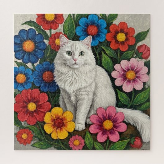 Puzzle Chat Blanc Fluffy et Fleurs d'Art Populaire (Vertical)
