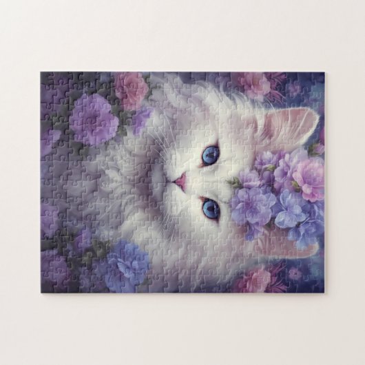 Puzzle Chat blanc mignon avec fleurs, Imaginaire Art (Horizontal)