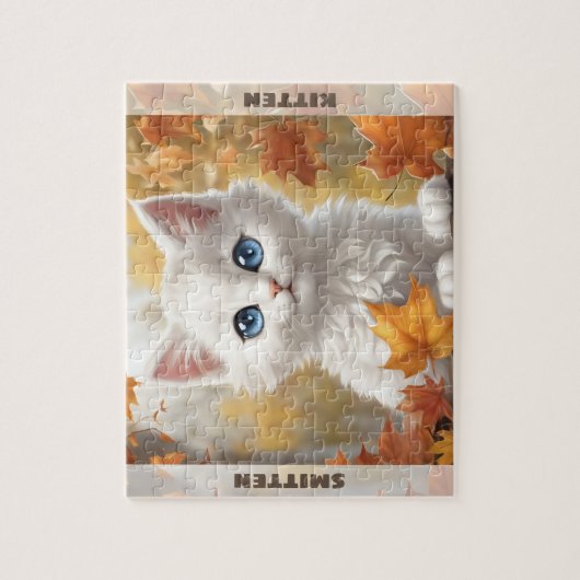 Puzzle Chat blanc mignon Kitten Automne Automne Nom perso (Vertical)
