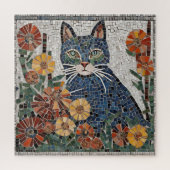 Puzzle Chat Bleu avec Fleurs mosaïque Carrelée (Vertical)