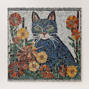 Puzzle Chat Bleu avec Fleurs mosaïque Carrelée