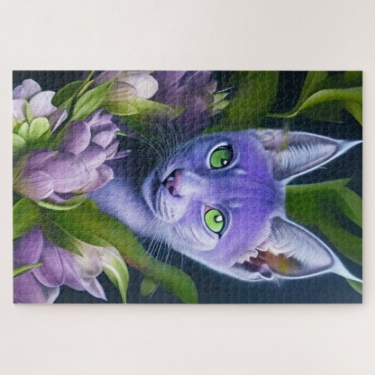Puzzle Chat bleu mignon en fleurs violettes (Horizontal)