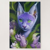 Puzzle Chat bleu mignon en fleurs violettes (Vertical)