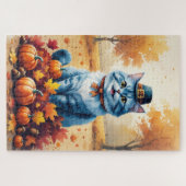 Puzzle Chat Bleu Oriental À L'Automne Feuilles Thanksgivi (Horizontal)