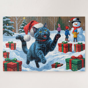 Puzzle Chat bleu russe à la neige avec Casquette de Noël