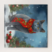 Puzzle Chat bleu russe à Noël sous la neige (Horizontal)