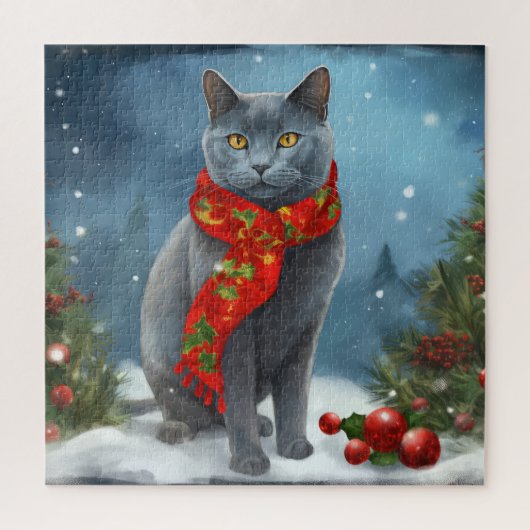 Puzzle Chat bleu russe à Noël sous la neige (Vertical)