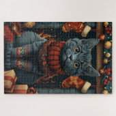 Puzzle Chat bleu russe avec cheminée cadeaux de Noël (Horizontal)