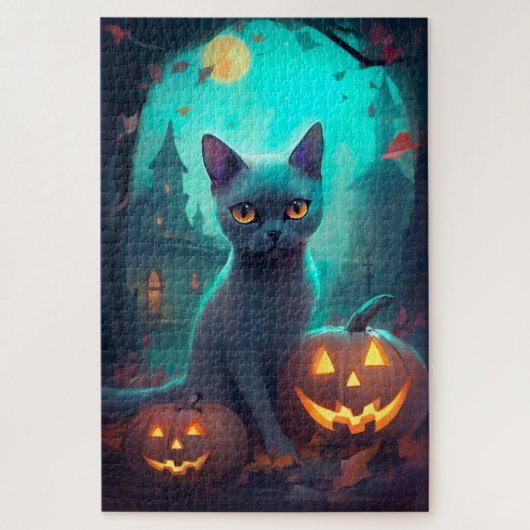 Puzzle Chat bleu russe d'Halloween avec la peur Citrouill (Vertical)