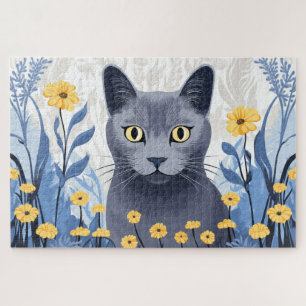 Puzzle Chat Bleu Russe Fleurs Jaunes