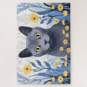Puzzle Chat Bleu Russe Fleurs Jaunes (Vertical)