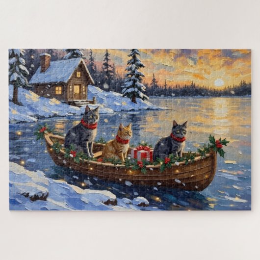Puzzle Chat Bleu Russe Noël Bateau Fêtes (Horizontal)